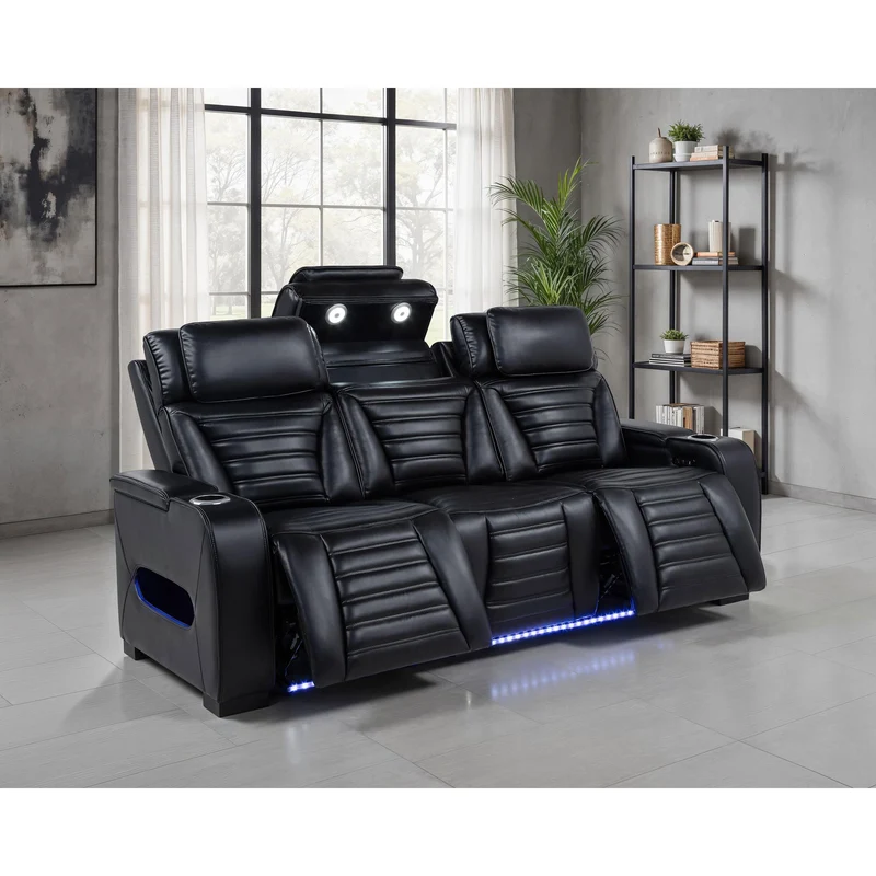 Coaster Furniture Zuma 603251PP Faux Leather Dual Power Reclining LED Sofa - Black
