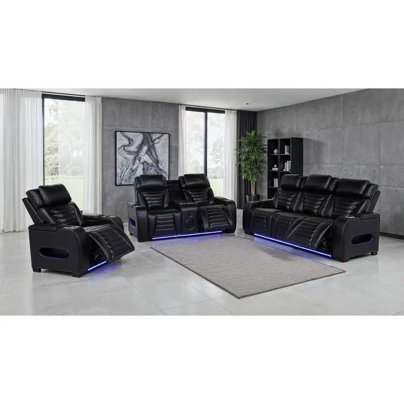 Coaster Furniture Zuma 603251PP Faux Leather Dual Power Reclining LED Sofa - Black