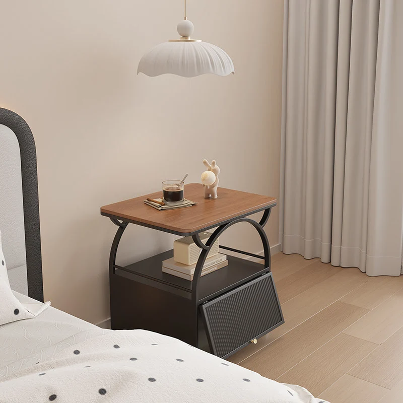 Modern Minimalist Rectangular Carbon Steel Tempered Glass Rock Slab Movable End Table 1-Cabinet For Living Room & Bedroom