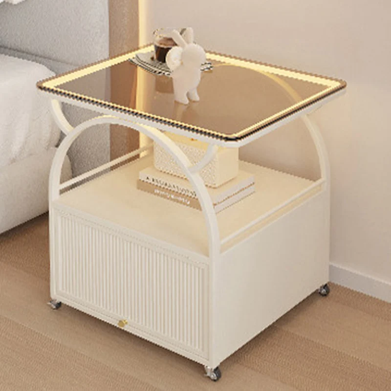 Modern Minimalist Rectangular Carbon Steel Tempered Glass Rock Slab Movable End Table 1-Cabinet For Living Room & Bedroom