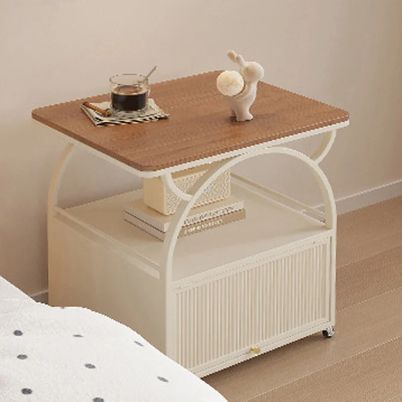 Modern Minimalist Rectangular Carbon Steel Tempered Glass Rock Slab Movable End Table 1-Cabinet For Living Room & Bedroom
