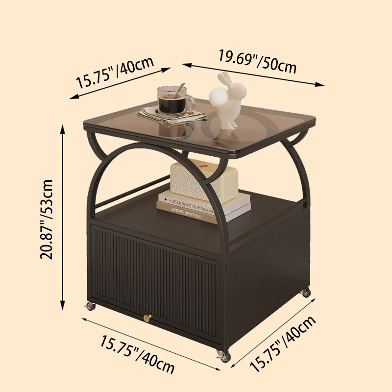 Modern Minimalist Rectangular Carbon Steel Tempered Glass Rock Slab Movable End Table 1-Cabinet For Living Room & Bedroom