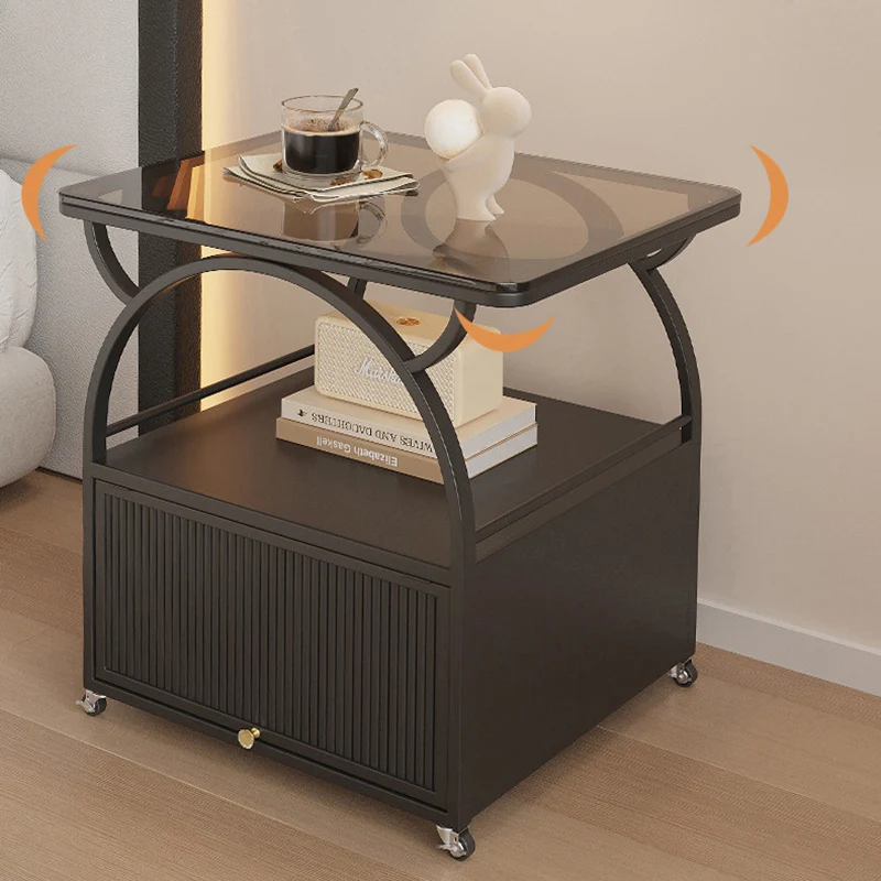 Modern Minimalist Rectangular Carbon Steel Tempered Glass Rock Slab Movable End Table 1-Cabinet For Living Room & Bedroom