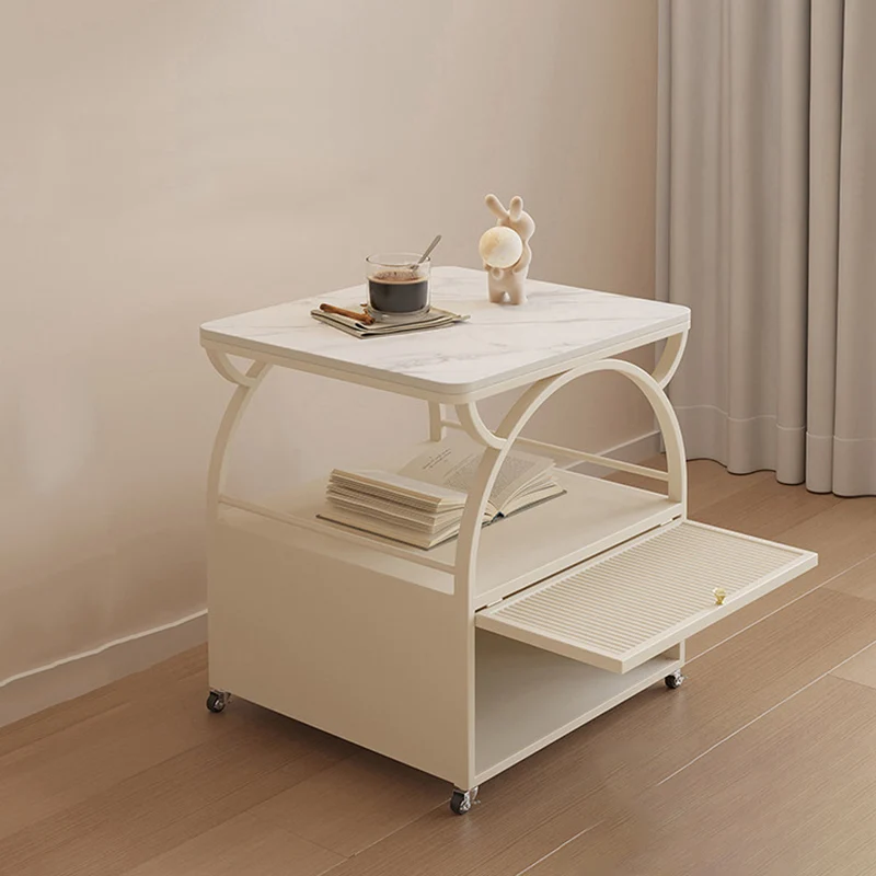 Modern Minimalist Rectangular Carbon Steel Tempered Glass Rock Slab Movable End Table 1-Cabinet For Living Room & Bedroom