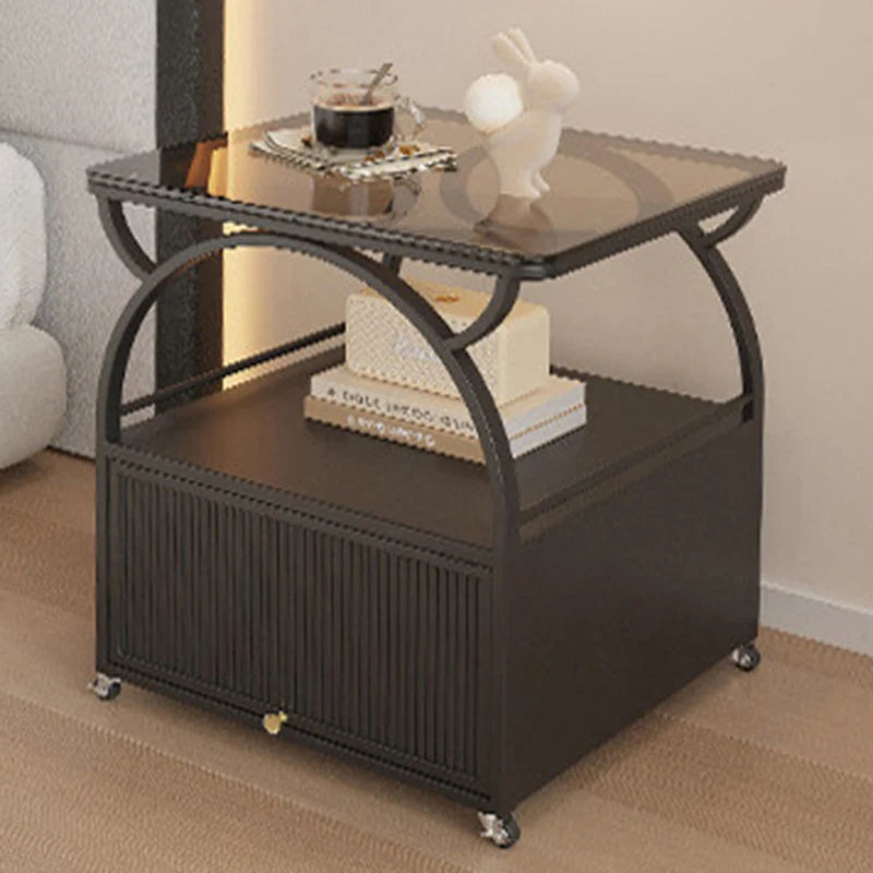 Modern Minimalist Rectangular Carbon Steel Tempered Glass Rock Slab Movable End Table 1-Cabinet For Living Room & Bedroom
