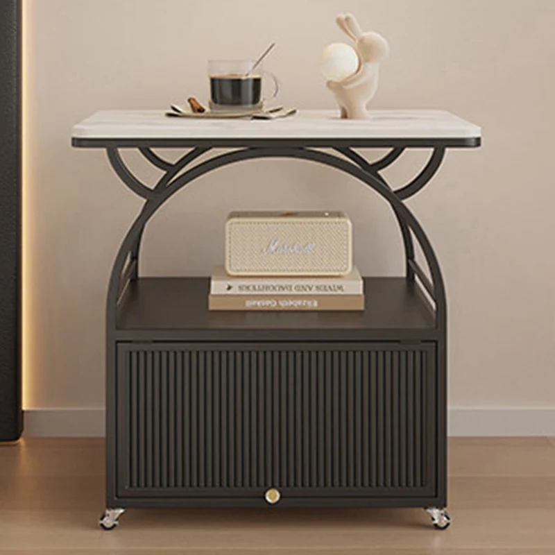 Modern Minimalist Rectangular Carbon Steel Tempered Glass Rock Slab Movable End Table 1-Cabinet For Living Room & Bedroom