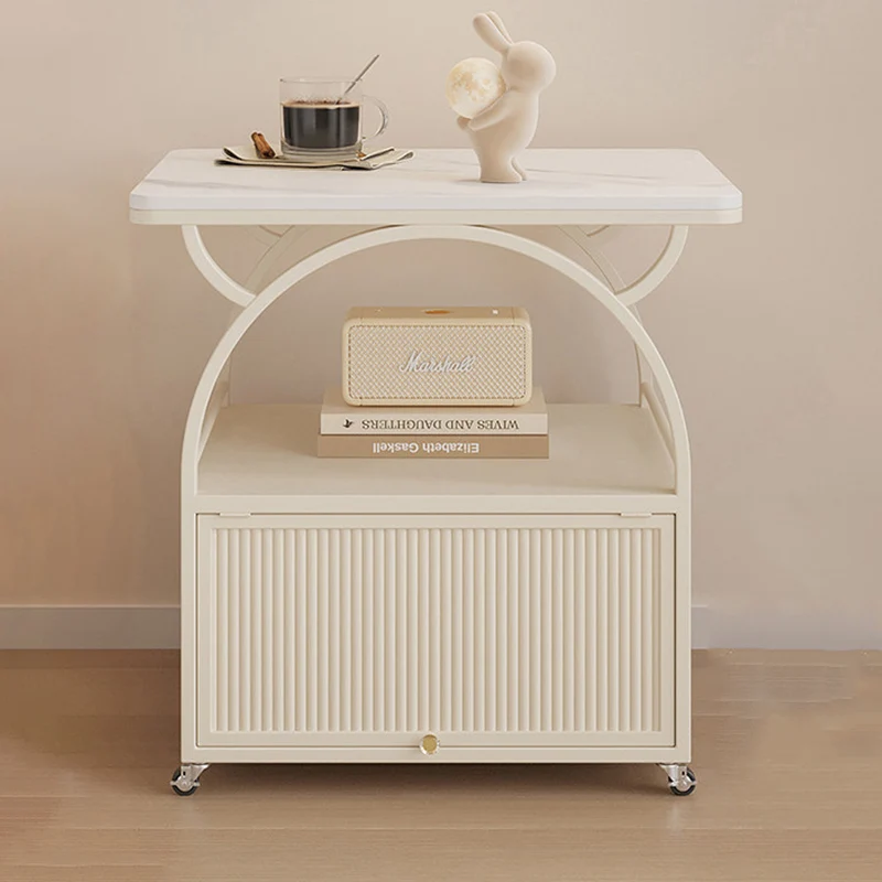 Modern Minimalist Rectangular Carbon Steel Tempered Glass Rock Slab Movable End Table 1-Cabinet For Living Room & Bedroom