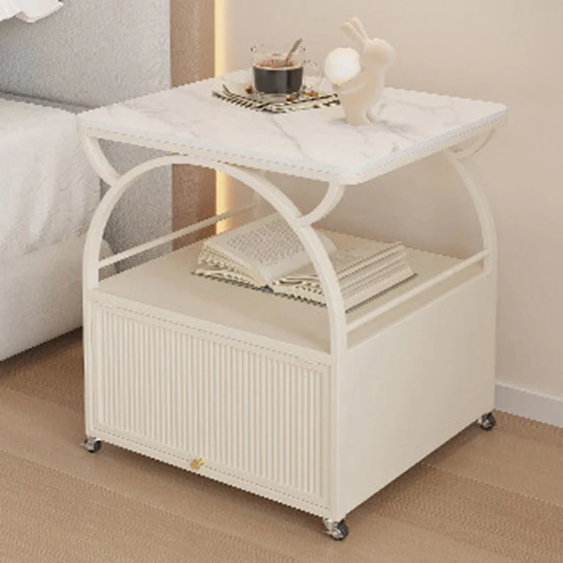 Modern Minimalist Rectangular Carbon Steel Tempered Glass Rock Slab Movable End Table 1-Cabinet For Living Room & Bedroom
