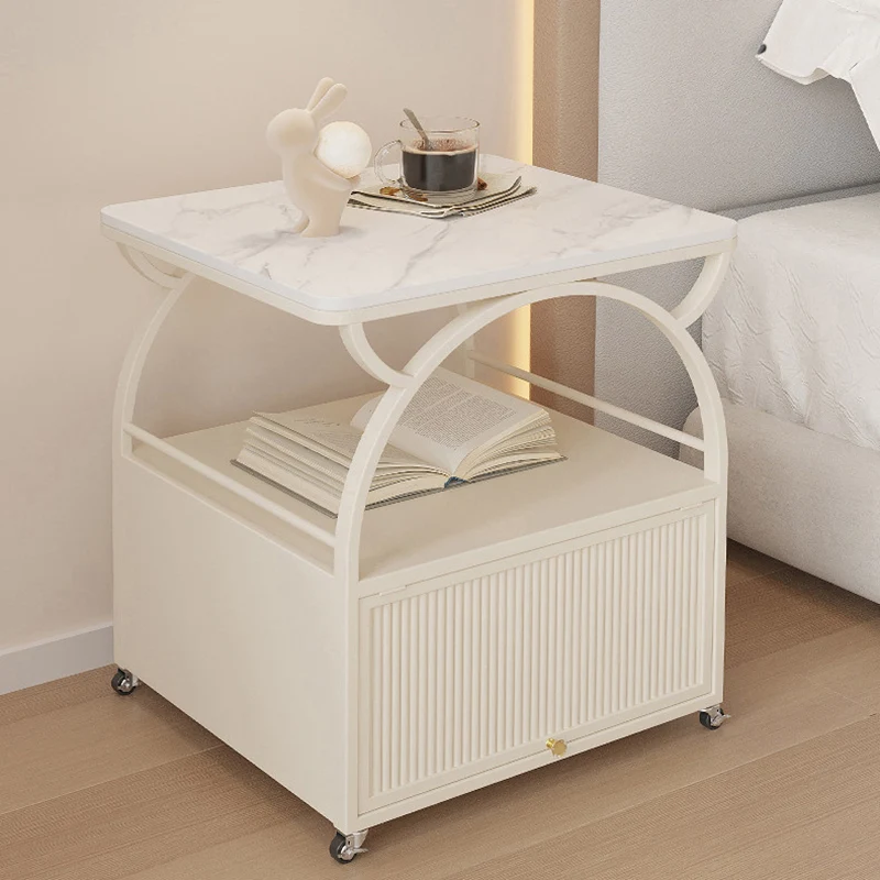 Modern Minimalist Rectangular Carbon Steel Tempered Glass Rock Slab Movable End Table 1-Cabinet For Living Room & Bedroom