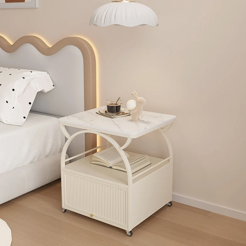 Modern Minimalist Rectangular Carbon Steel Tempered Glass Rock Slab Movable End Table 1-Cabinet For Living Room & Bedroom