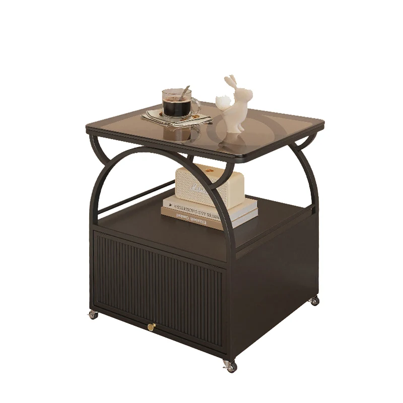 Modern Minimalist Rectangular Carbon Steel Tempered Glass Rock Slab Movable End Table 1-Cabinet For Living Room & Bedroom