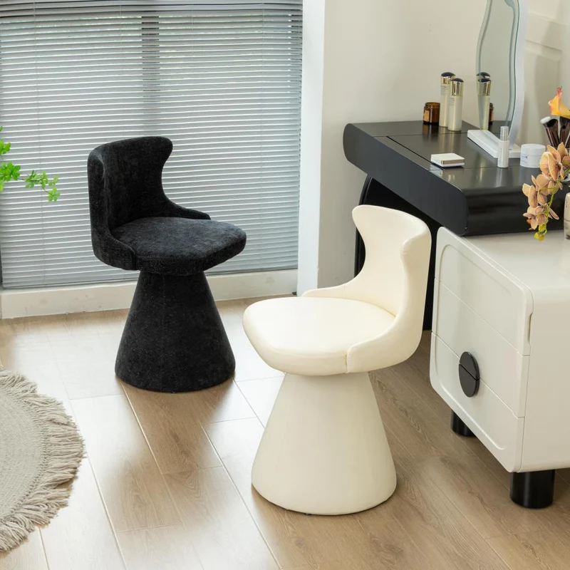 Modern Luxury Solid Wood Plywood Faux Leather Chenille Swivel Vanity Stool With Wraparound Backrest For Bedroom