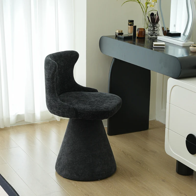 Modern Luxury Solid Wood Plywood Faux Leather Chenille Swivel Vanity Stool With Wraparound Backrest For Bedroom