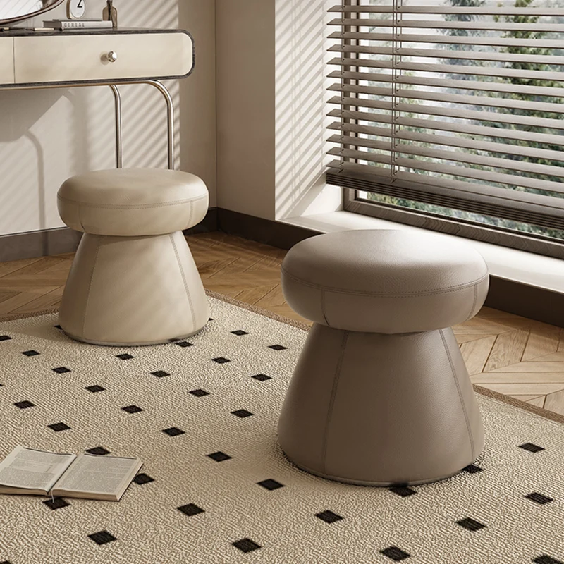 Modern Minimalist Solid Wood & Plywood Microfiber Leather Mushroom-Shaped Round Vanity Stool With Swivel For Bedroom