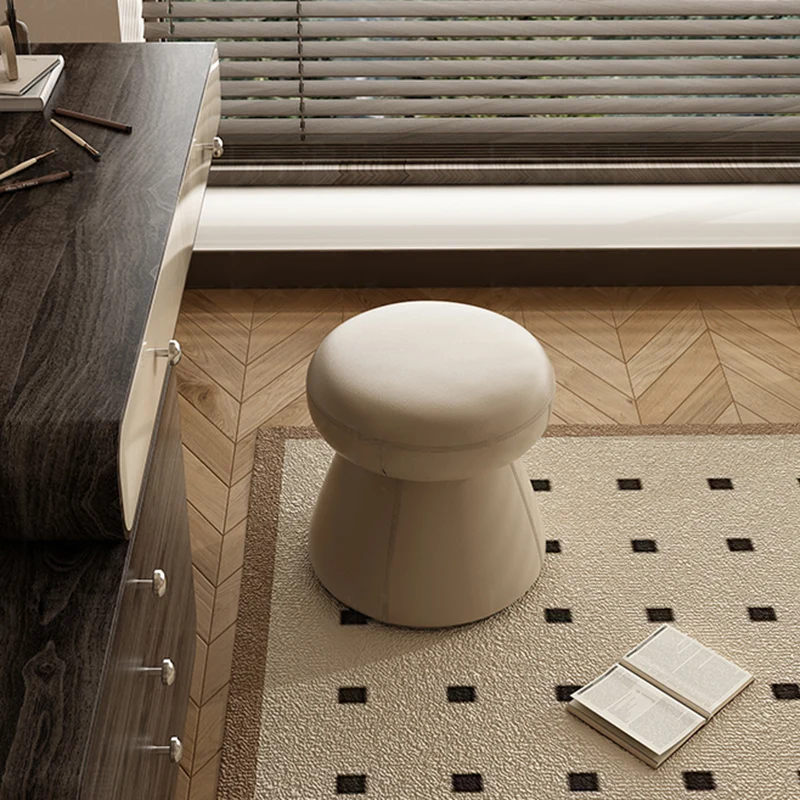 Modern Minimalist Solid Wood & Plywood Microfiber Leather Mushroom-Shaped Round Vanity Stool With Swivel For Bedroom