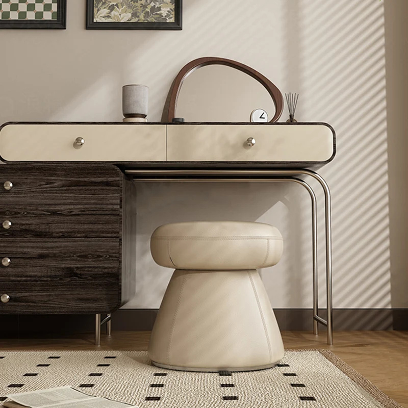 Modern Minimalist Solid Wood & Plywood Microfiber Leather Mushroom-Shaped Round Vanity Stool With Swivel For Bedroom