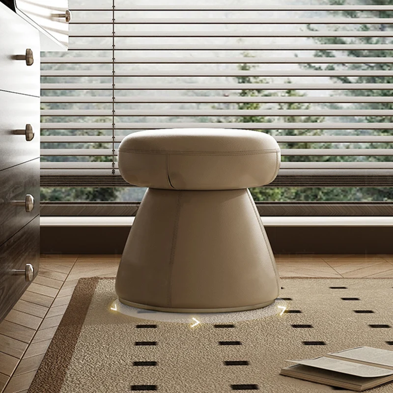 Modern Minimalist Solid Wood & Plywood Microfiber Leather Mushroom-Shaped Round Vanity Stool With Swivel For Bedroom