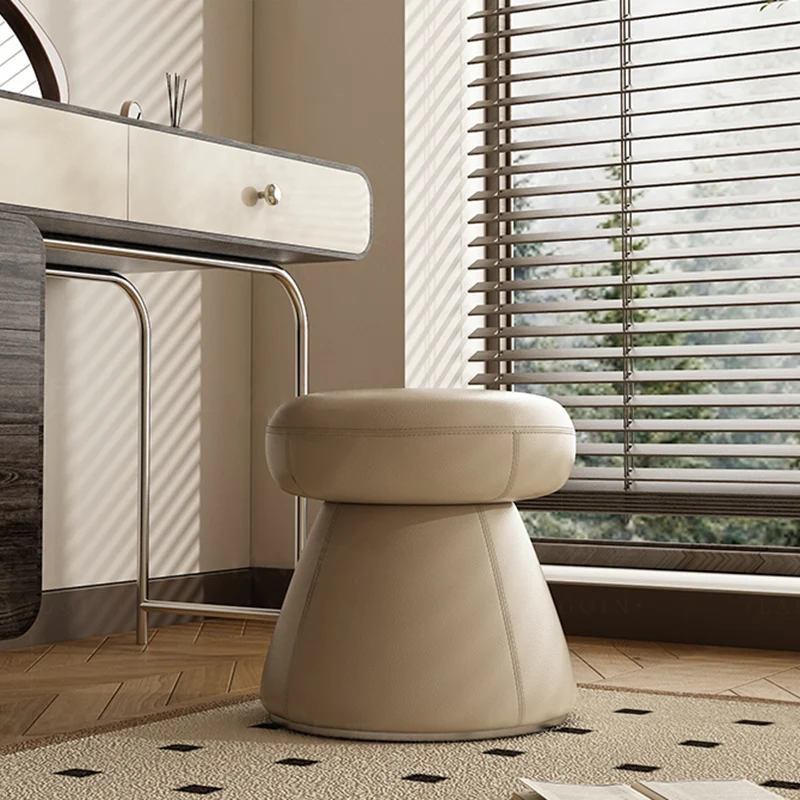 Modern Minimalist Solid Wood & Plywood Microfiber Leather Mushroom-Shaped Round Vanity Stool With Swivel For Bedroom