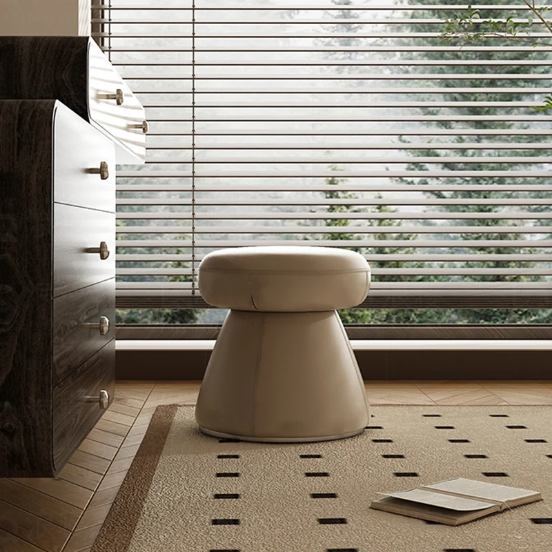 Modern Minimalist Solid Wood & Plywood Microfiber Leather Mushroom-Shaped Round Vanity Stool With Swivel For Bedroom
