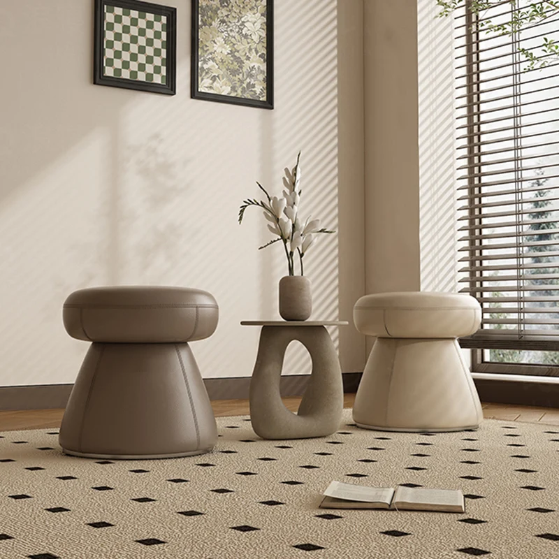 Modern Minimalist Solid Wood & Plywood Microfiber Leather Mushroom-Shaped Round Vanity Stool With Swivel For Bedroom