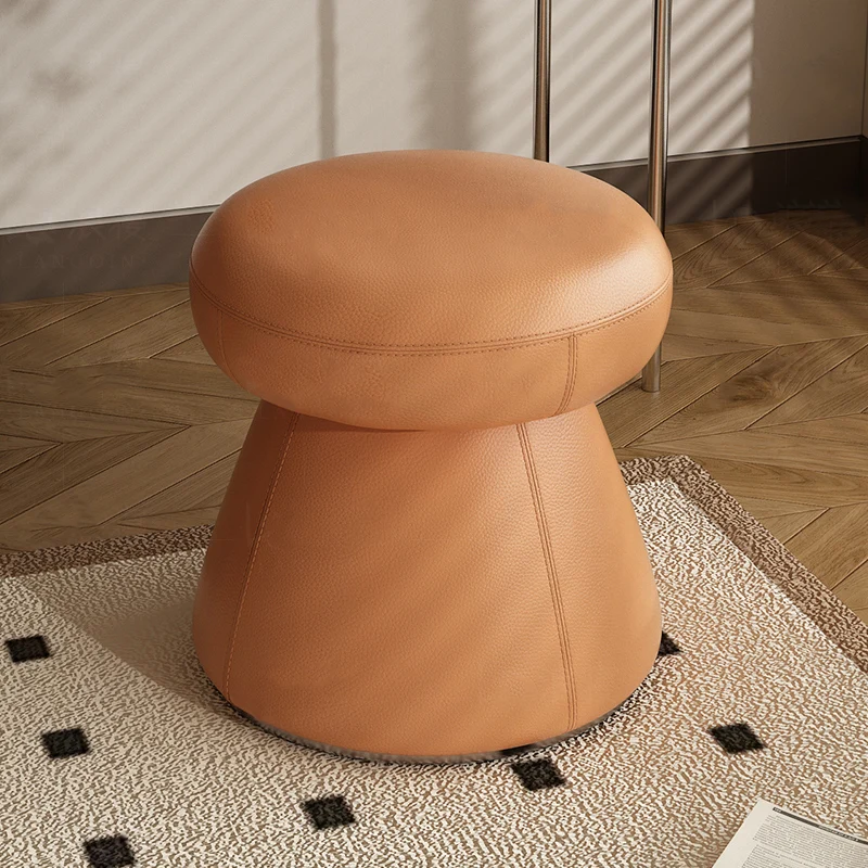 Modern Minimalist Solid Wood & Plywood Microfiber Leather Mushroom-Shaped Round Vanity Stool With Swivel For Bedroom