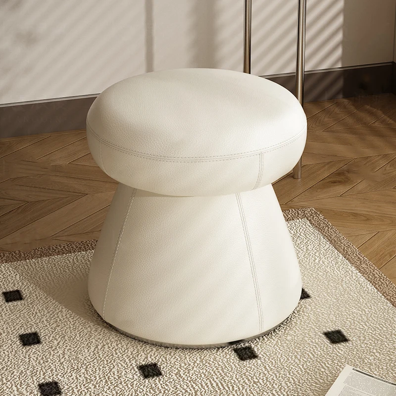 Modern Minimalist Solid Wood & Plywood Microfiber Leather Mushroom-Shaped Round Vanity Stool With Swivel For Bedroom