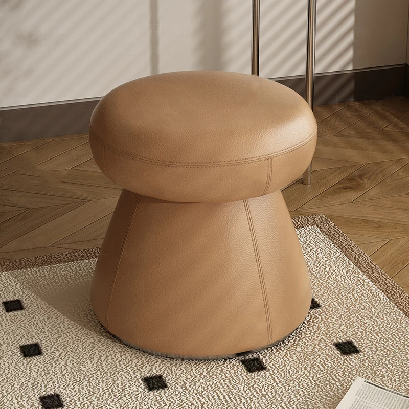 Modern Minimalist Solid Wood & Plywood Microfiber Leather Mushroom-Shaped Round Vanity Stool With Swivel For Bedroom