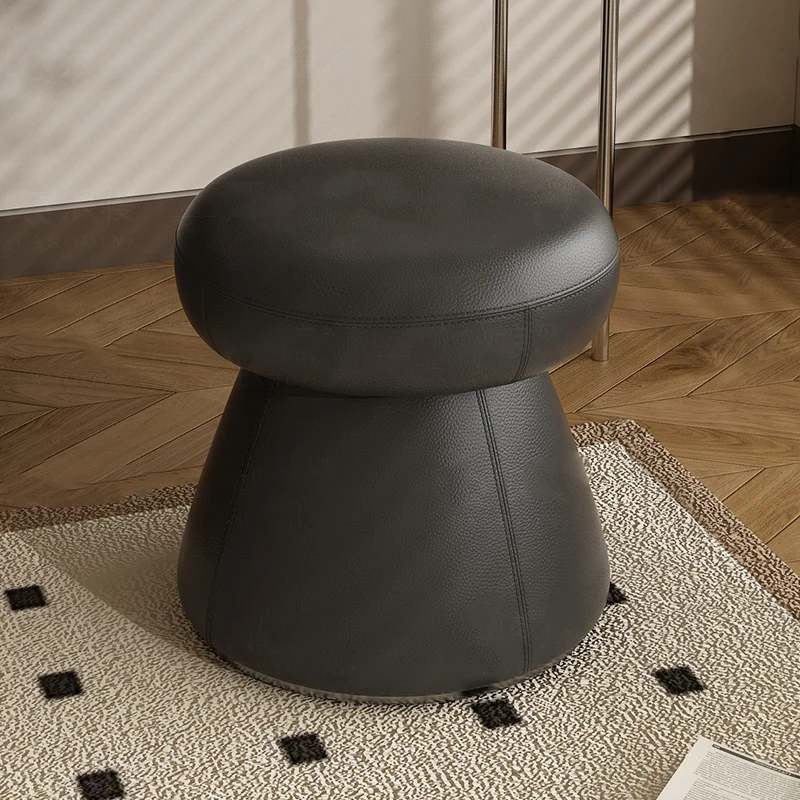 Modern Minimalist Solid Wood & Plywood Microfiber Leather Mushroom-Shaped Round Vanity Stool With Swivel For Bedroom
