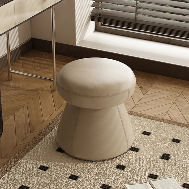 Modern Minimalist Solid Wood & Plywood Microfiber Leather Mushroom-Shaped Round Vanity Stool With Swivel For Bedroom