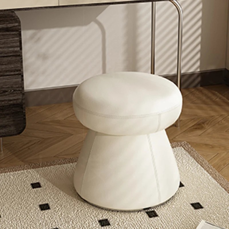 Modern Minimalist Solid Wood & Plywood Microfiber Leather Mushroom-Shaped Round Vanity Stool With Swivel For Bedroom