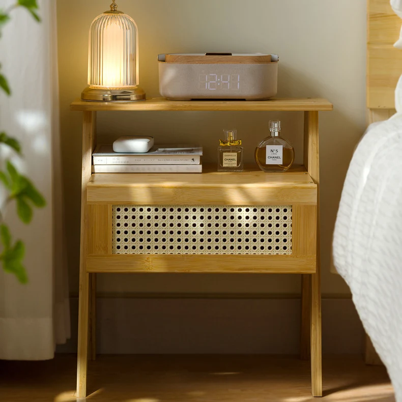 Traditional Vintage Bamboo ABS Rattan Stepped Square Nightstand With 1 Drawer For Bedroom