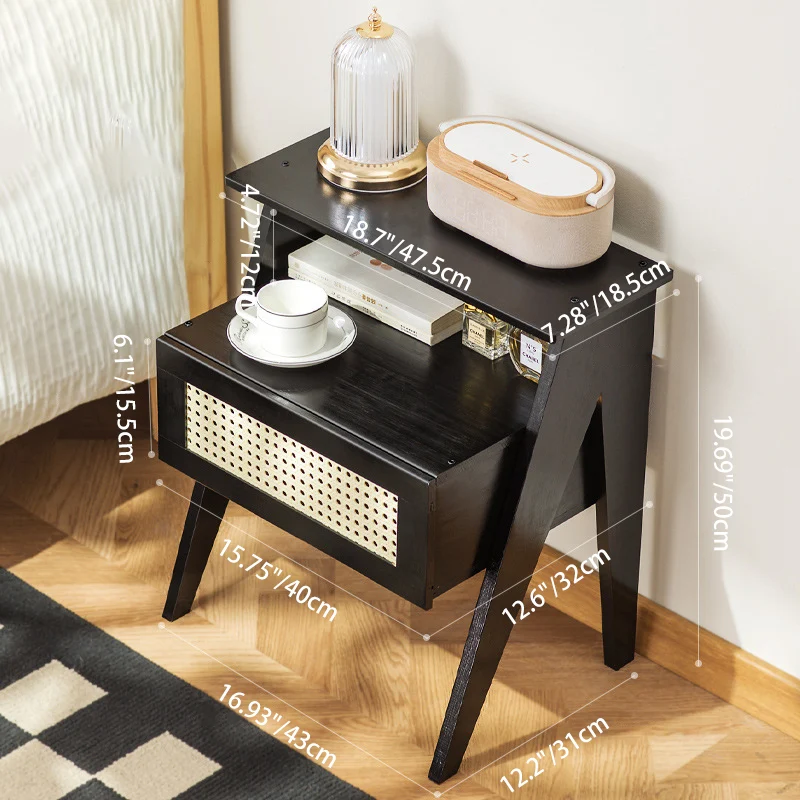 Traditional Vintage Bamboo ABS Rattan Stepped Square Nightstand With 1 Drawer For Bedroom