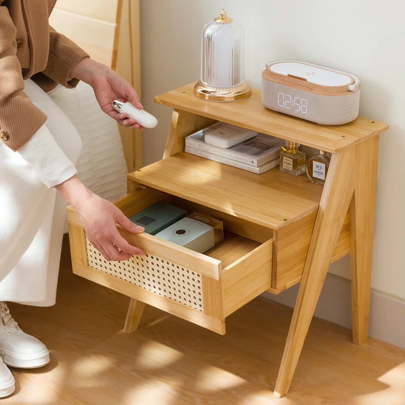 Traditional Vintage Bamboo ABS Rattan Stepped Square Nightstand With 1 Drawer For Bedroom