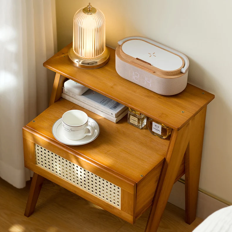 Traditional Vintage Bamboo ABS Rattan Stepped Square Nightstand With 1 Drawer For Bedroom