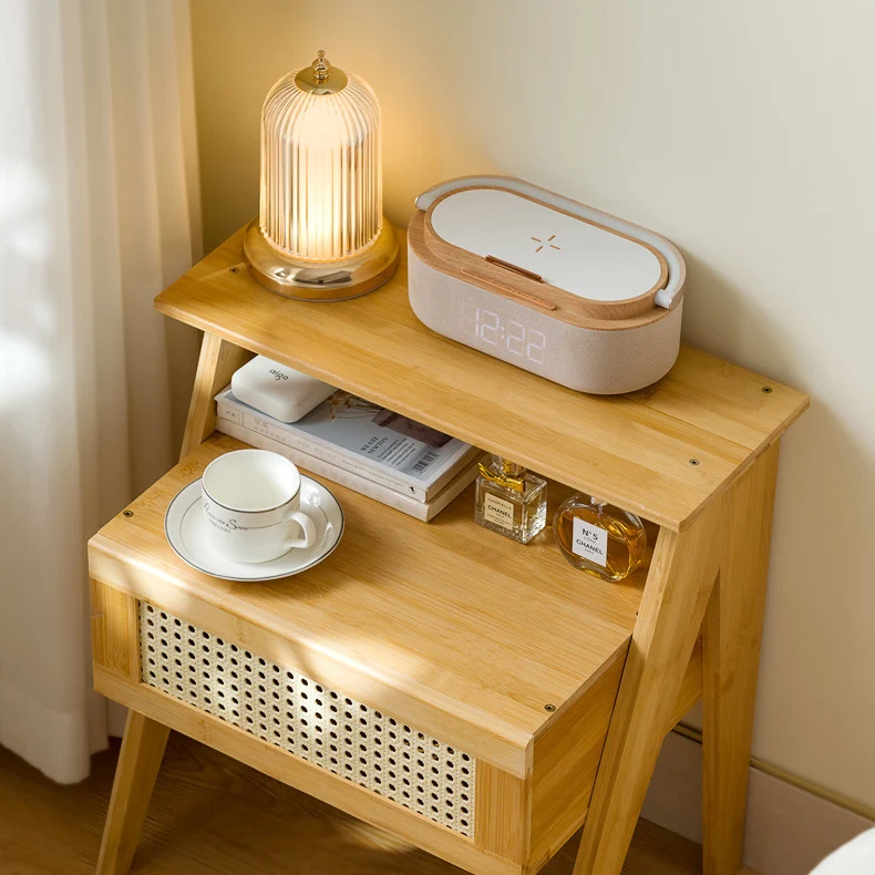 Traditional Vintage Bamboo ABS Rattan Stepped Square Nightstand With 1 Drawer For Bedroom