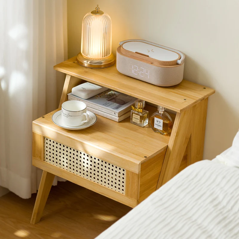 Traditional Vintage Bamboo ABS Rattan Stepped Square Nightstand With 1 Drawer For Bedroom