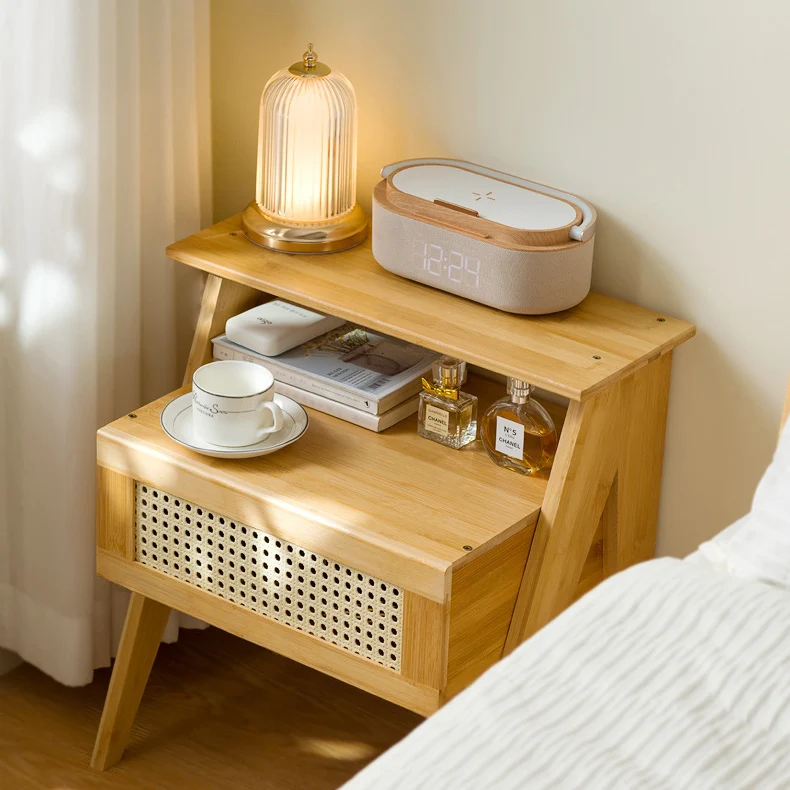 Traditional Vintage Bamboo ABS Rattan Stepped Square Nightstand With 1 Drawer For Bedroom