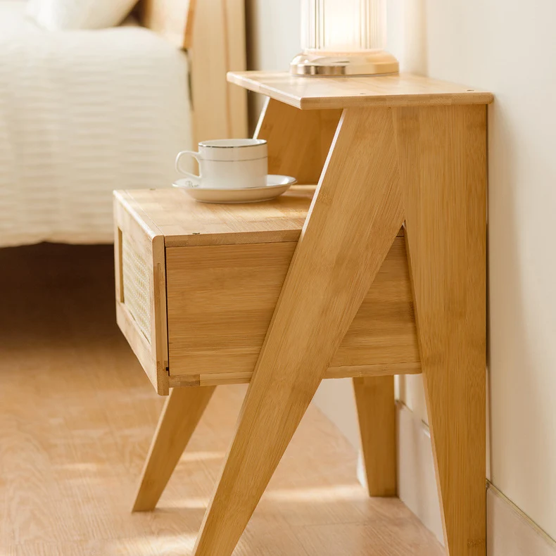 Traditional Vintage Bamboo ABS Rattan Stepped Square Nightstand With 1 Drawer For Bedroom