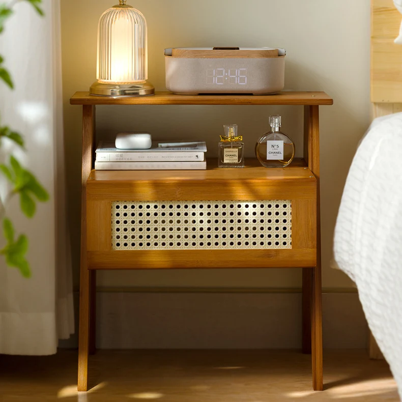 Traditional Vintage Bamboo ABS Rattan Stepped Square Nightstand With 1 Drawer For Bedroom