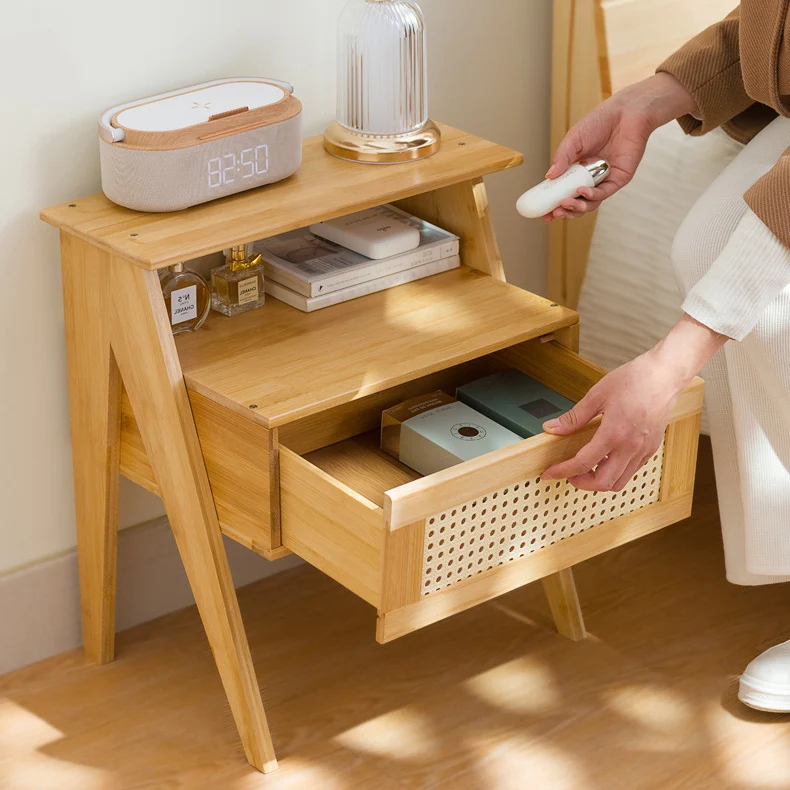 Traditional Vintage Bamboo ABS Rattan Stepped Square Nightstand With 1 Drawer For Bedroom
