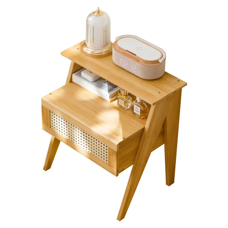 Traditional Vintage Bamboo ABS Rattan Stepped Square Nightstand With 1 Drawer For Bedroom