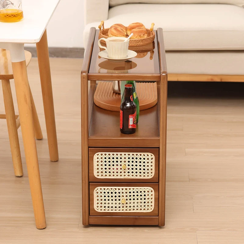 Modern Minimalist Bamboo Solid Wood Plywood Resin Rattan Glass Rectangular Mobile Side Table With 2 Drawers For Living Room