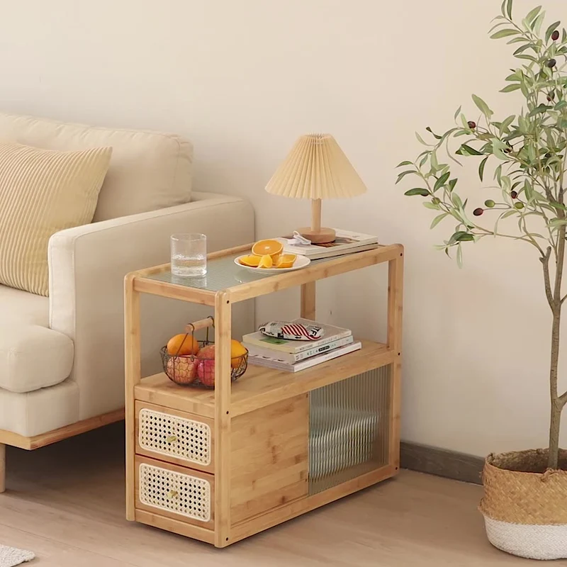 Modern Minimalist Bamboo Solid Wood Plywood Resin Rattan Glass Rectangular Mobile Side Table With 2 Drawers For Living Room