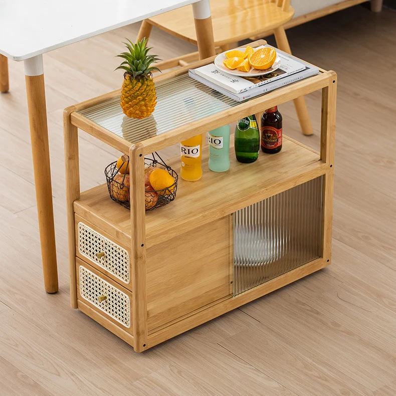 Modern Minimalist Bamboo Solid Wood Plywood Resin Rattan Glass Rectangular Mobile Side Table With 2 Drawers For Living Room