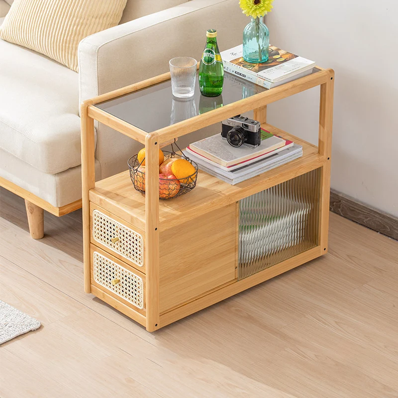 Modern Minimalist Bamboo Solid Wood Plywood Resin Rattan Glass Rectangular Mobile Side Table With 2 Drawers For Living Room