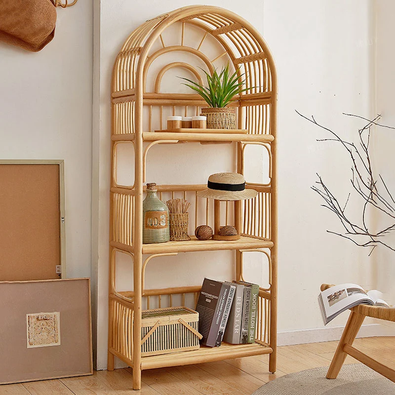 Traditional Japanese Indonesian Rattan Arched Bookshelf 3/4-Tier Shelf For Living Room