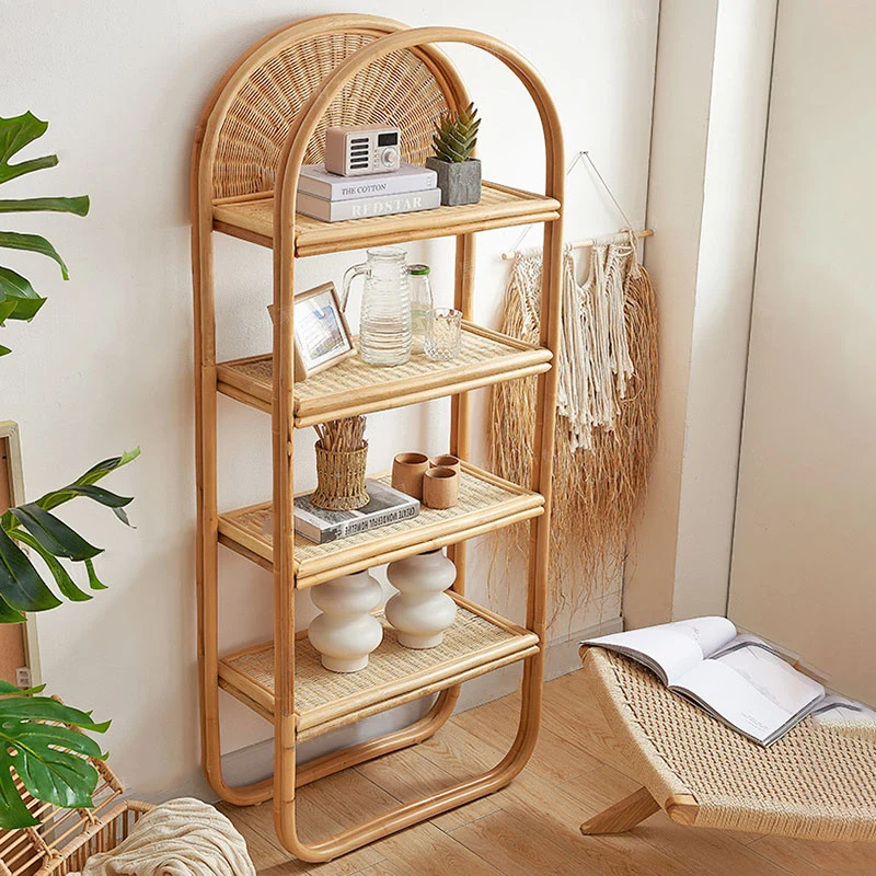 Traditional Japanese Indonesian Rattan Arched Bookshelf 3/4-Tier Shelf For Living Room