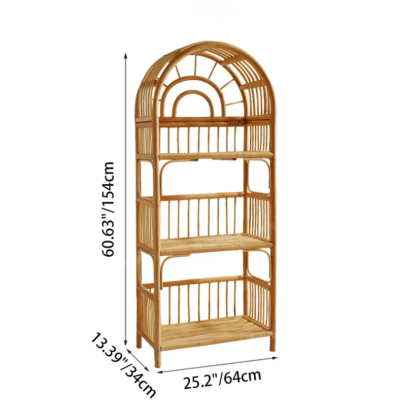 Traditional Japanese Indonesian Rattan Arched Bookshelf 3/4-Tier Shelf For Living Room