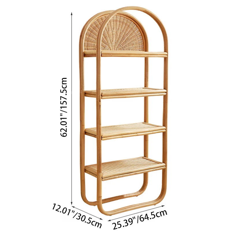 Traditional Japanese Indonesian Rattan Arched Bookshelf 3/4-Tier Shelf For Living Room