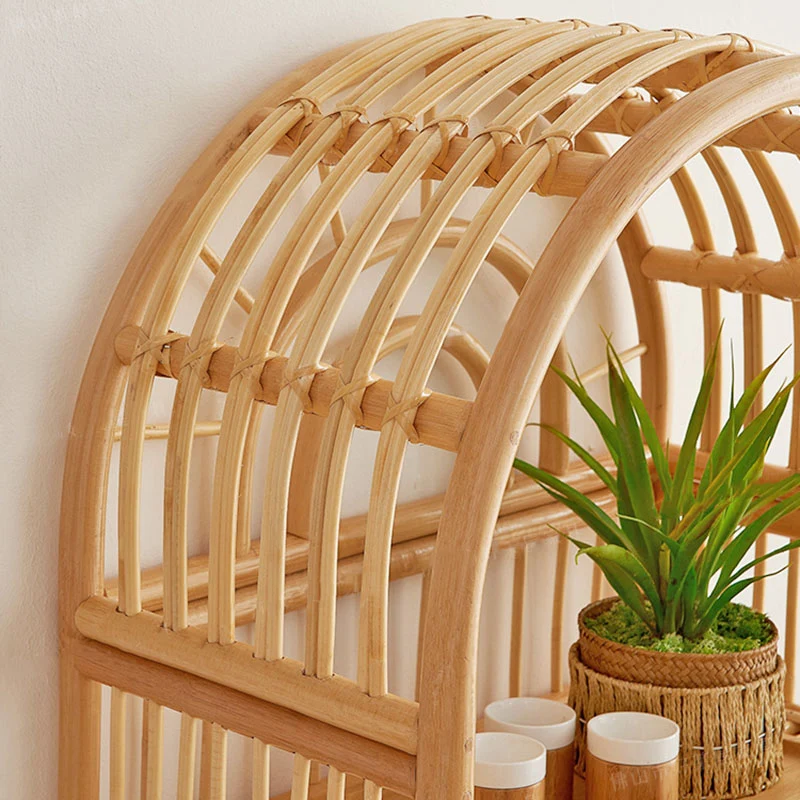 Traditional Japanese Indonesian Rattan Arched Bookshelf 3/4-Tier Shelf For Living Room